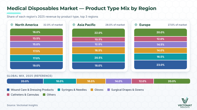 Medical Disposables product type mix by region — North America, Asia Pacific, Europe Medical Disposables product type mix by region — North America, Asia Pacific, Europe | Vectomat Insights
