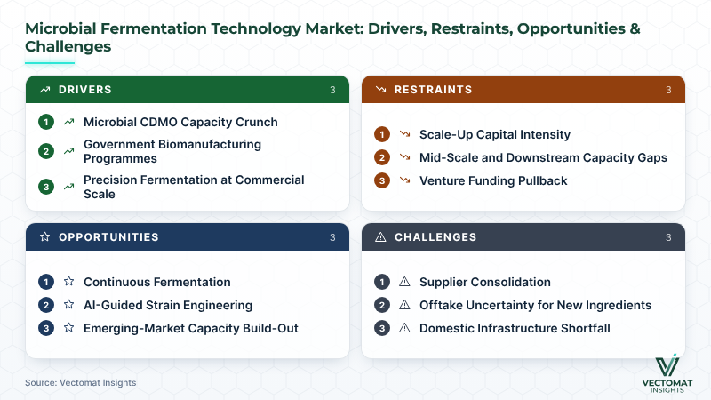 Microbial fermentation technology market drivers, restraints, opportunities and challenges Microbial fermentation technology market drivers, restraints, opportunities and challenges | Vectomat Insights